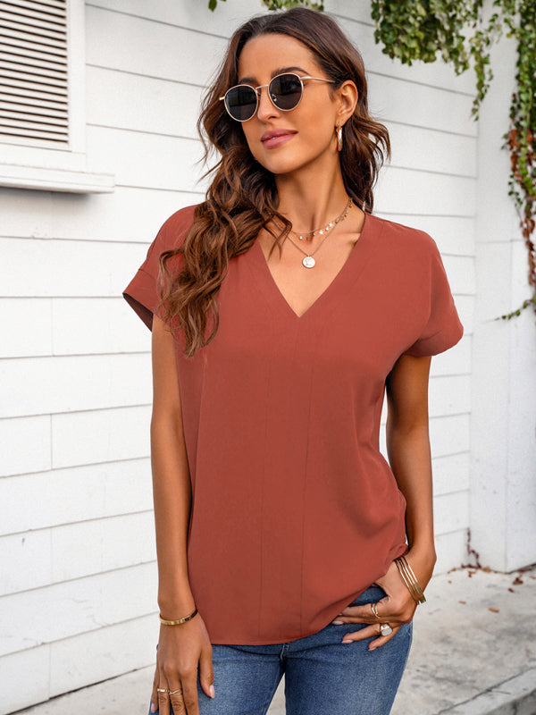 Women's solid V-neck short sleeve T-shirt