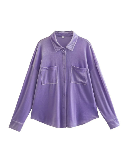 Women's velvet shirt lapel single breasted top Purple