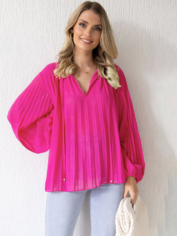 Women's woven pleated chiffon lantern sleeve shirt