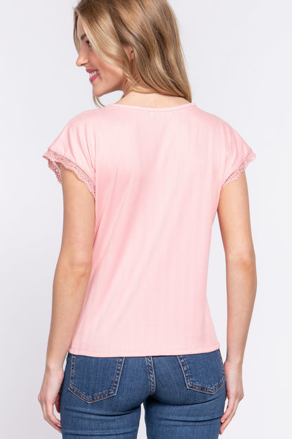 Short Sleeve Lace Trim V-Neck Ribbed Top