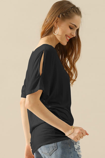 Ruching Side Boat Neck Top with Short Sleeves