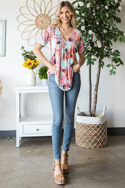 Floral Babydoll Top with V-Neck and Short Sleeves