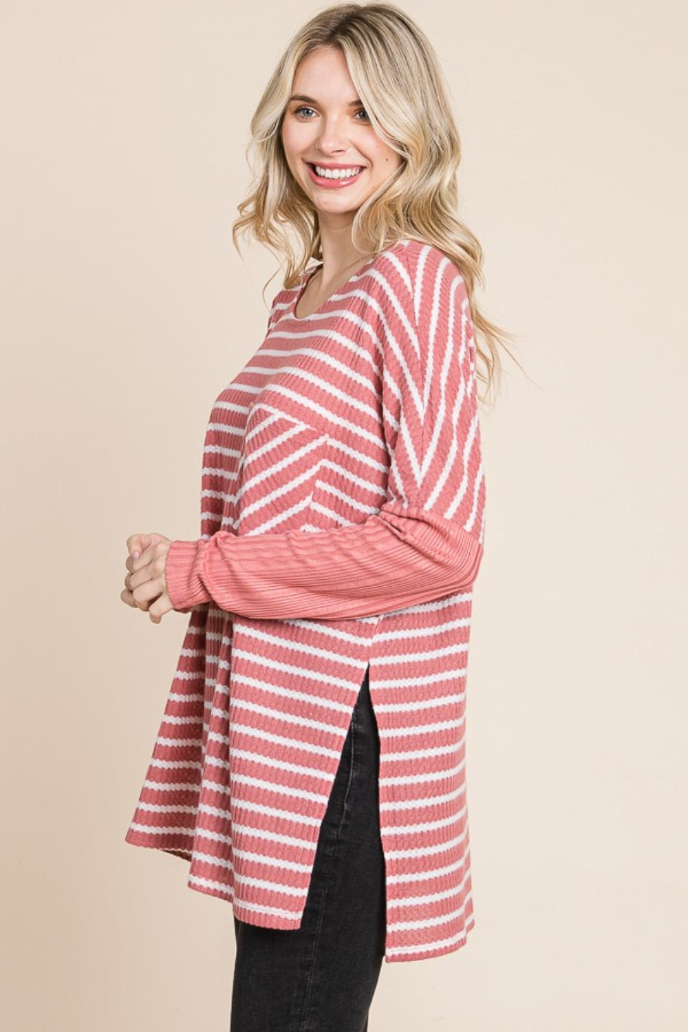 Oversized Striped Long Sleeve Tee with Side Slits