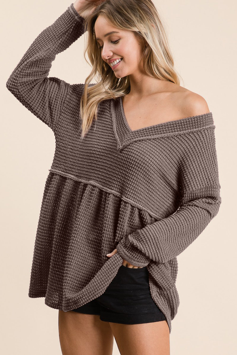 Waffle Knit Babydoll Top with V-Neck