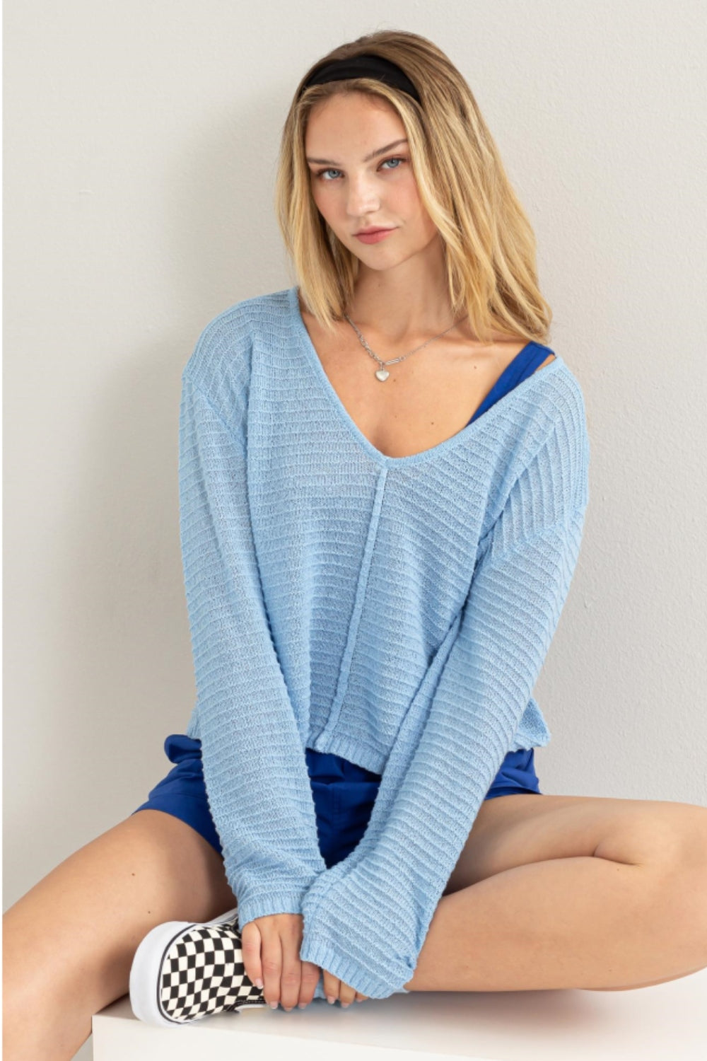 Long Sleeve Striped V-Neck Top with Texture BABY BLUE