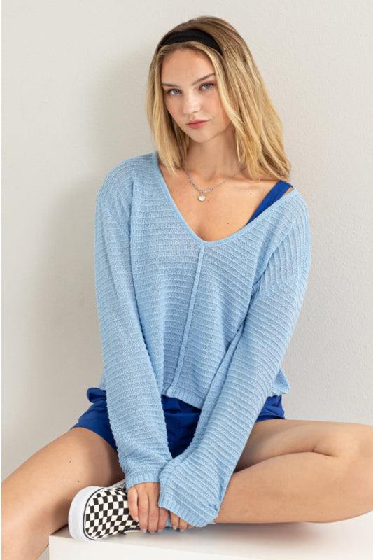 Long Sleeve Striped V-Neck Top with Texture BABY BLUE