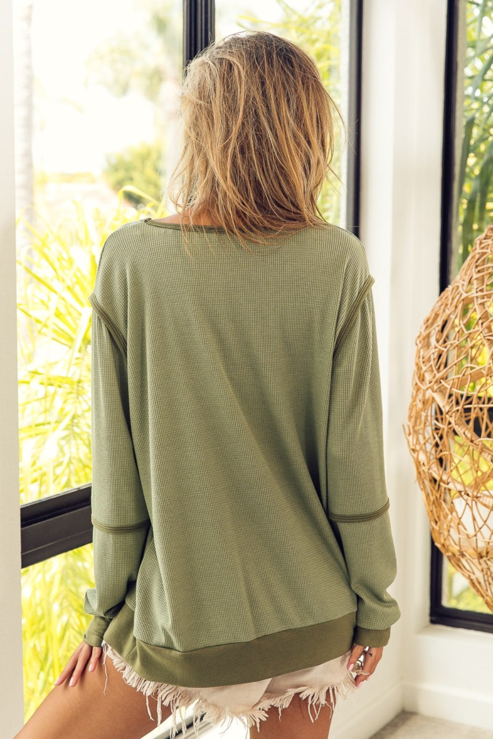 Waffle Knit Long Sleeve Tee with Contrast Trim