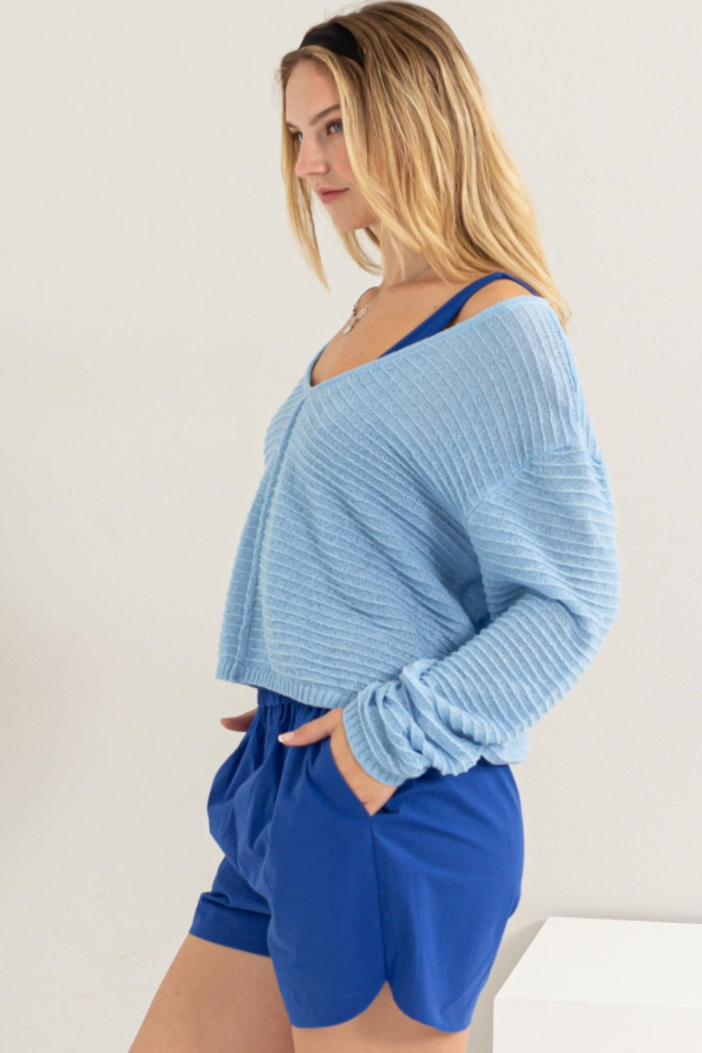 Long Sleeve Striped V-Neck Top with Texture