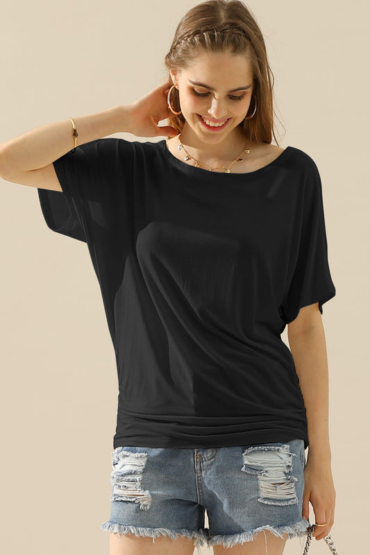 Ruching Side Boat Neck Top with Short Sleeves BLACK