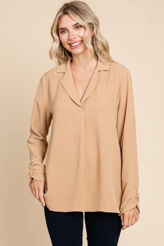 Long Sleeve Ruched Blouse with Lapel Collar ICED
