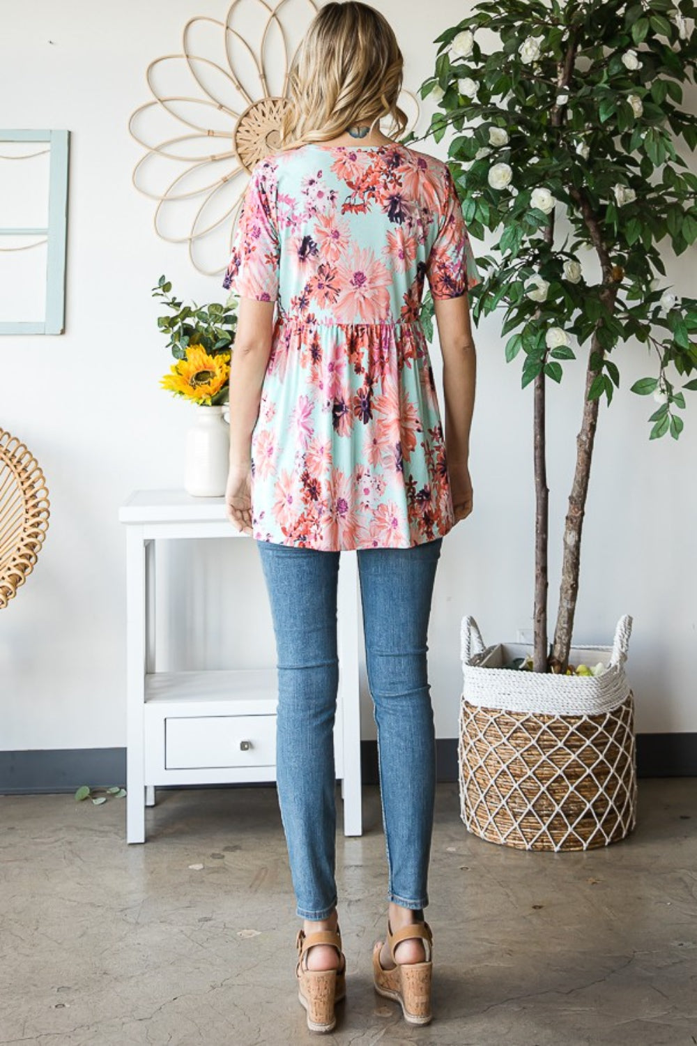 Floral Babydoll Top with V-Neck and Short Sleeves