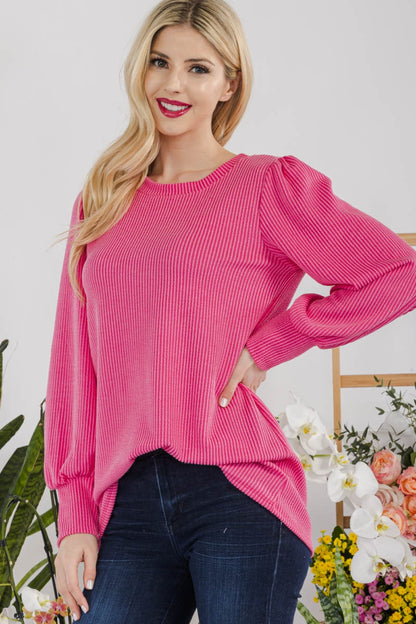 Striped Balloon Sleeve Top with Round Neck FUCHSIA