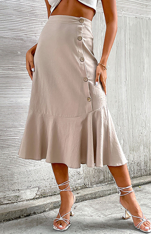 Women's Khaki High Waist Cotton Linen Skirt