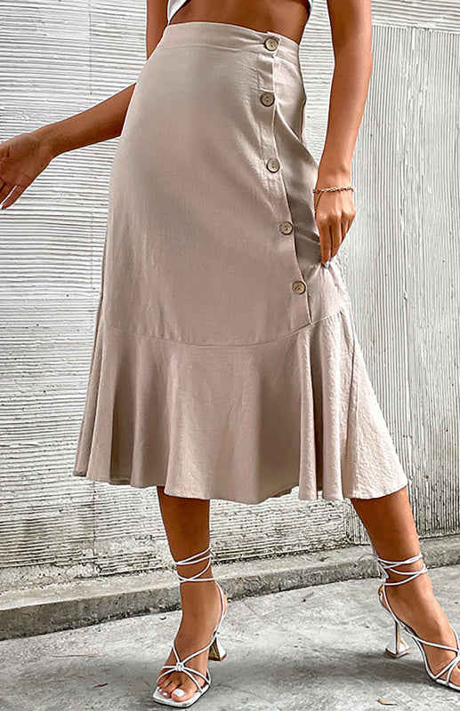 Women's Khaki High Waist Cotton Linen Skirt Khaki