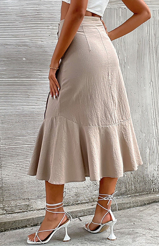 Women's Khaki High Waist Cotton Linen Skirt