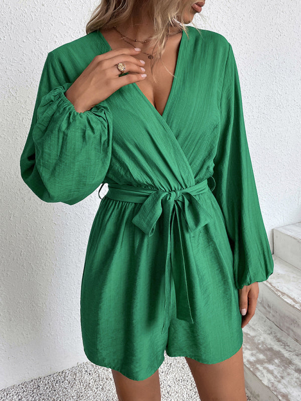 Women'S Early Autumn New V-Neck Green Long-Sleeved Bow Tie Waist Jumpsuit