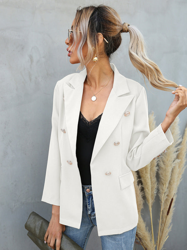 Women's lapel button long-sleeved small suit jacket White