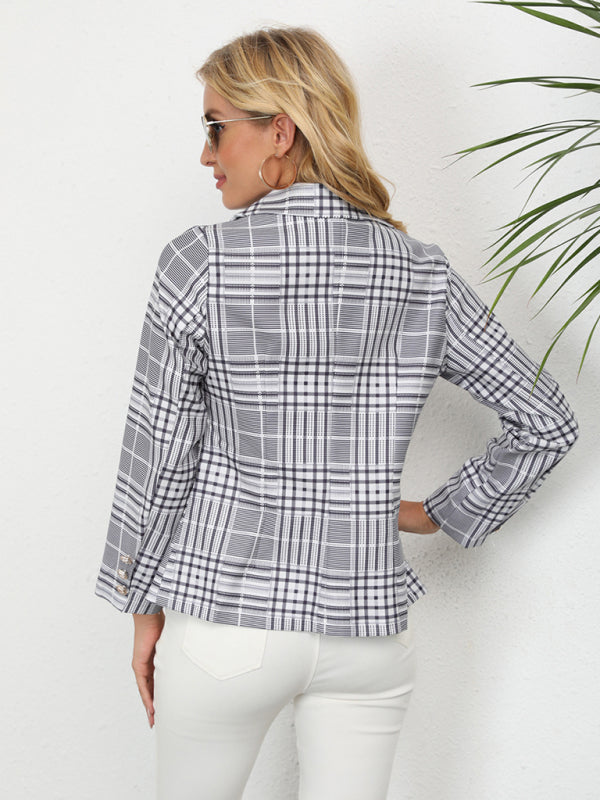 Women's plaid print lapel long sleeve blazer