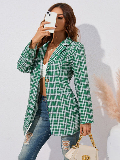 Women's plaid print mid-length blazer