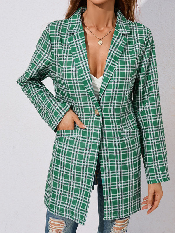 Women's plaid print mid-length blazer