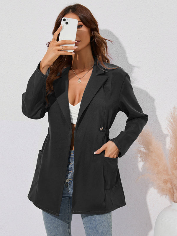 Women's long-sleeved waist-skimming suit collar mid-length jacket Black