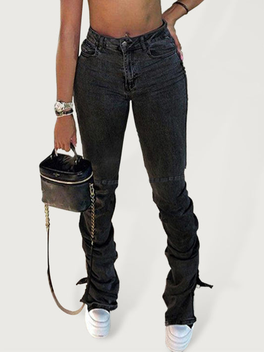 Women's Black Pleated Fit Slim Heel Slit Jeans Black