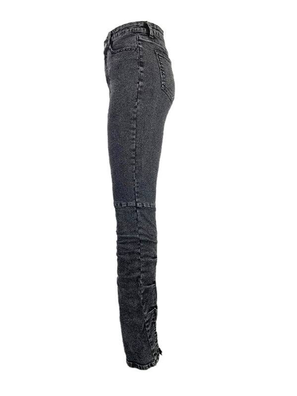 Women's Black Pleated Fit Slim Heel Slit Jeans