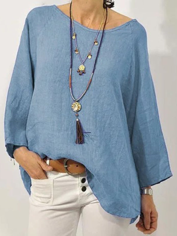 Top Solid Color Cotton Linen Round Neck Raglan Sleeve Cropped Sleeve Blouse Blue