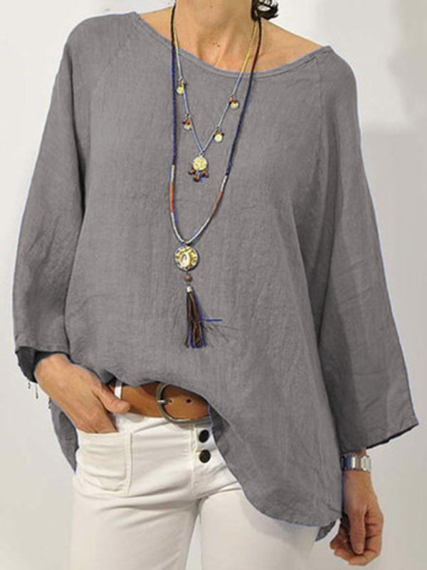 Top Solid Color Cotton Linen Round Neck Raglan Sleeve Cropped Sleeve Blouse Grey
