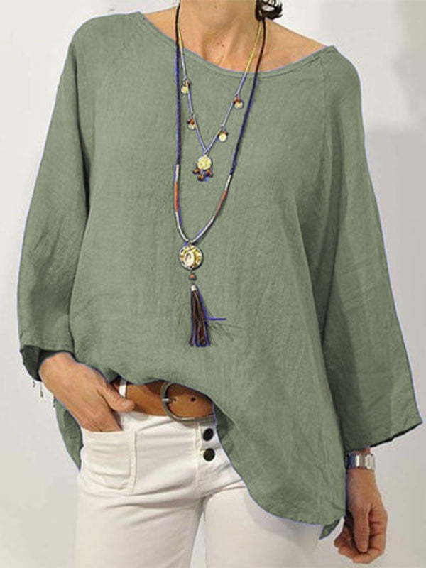 Top Solid Color Cotton Linen Round Neck Raglan Sleeve Cropped Sleeve Blouse Green