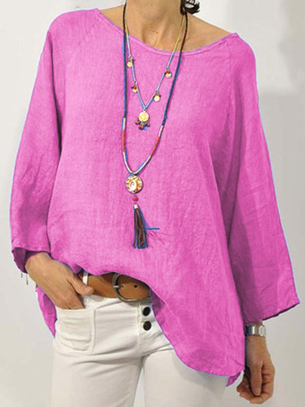 Top Solid Color Cotton Linen Round Neck Raglan Sleeve Cropped Sleeve Blouse Pink