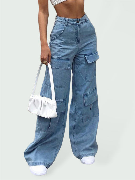 Women's Denim Multi Pocket Loose Casual Cargo Pants Blue