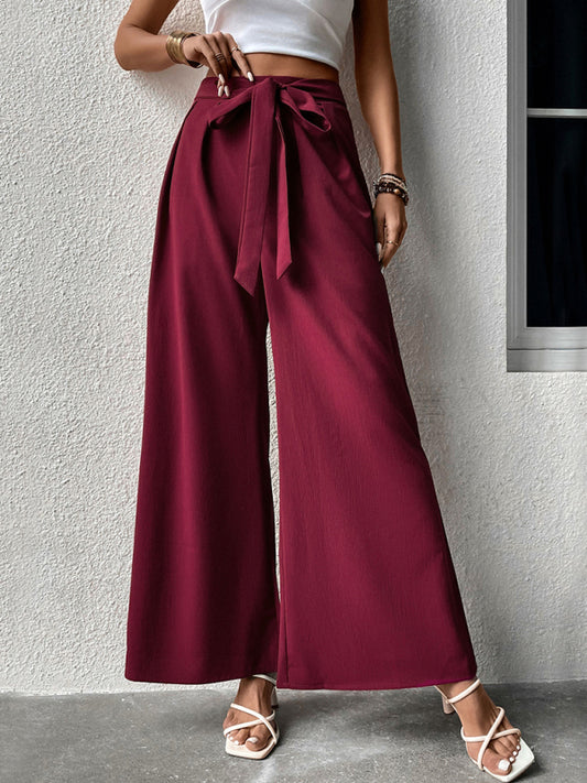 Women's Woven Lace Commuter Style High Waist Temperament Wide Leg Pants Wine Red