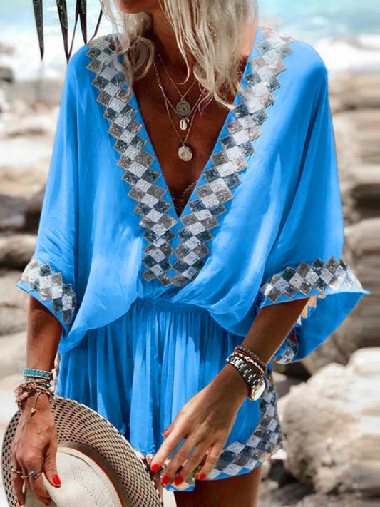 European and American beach print foreign trade women's bohemian jumpsuit Blue
