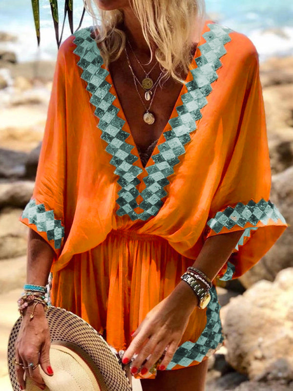 European and American beach print foreign trade women's bohemian jumpsuit Orange