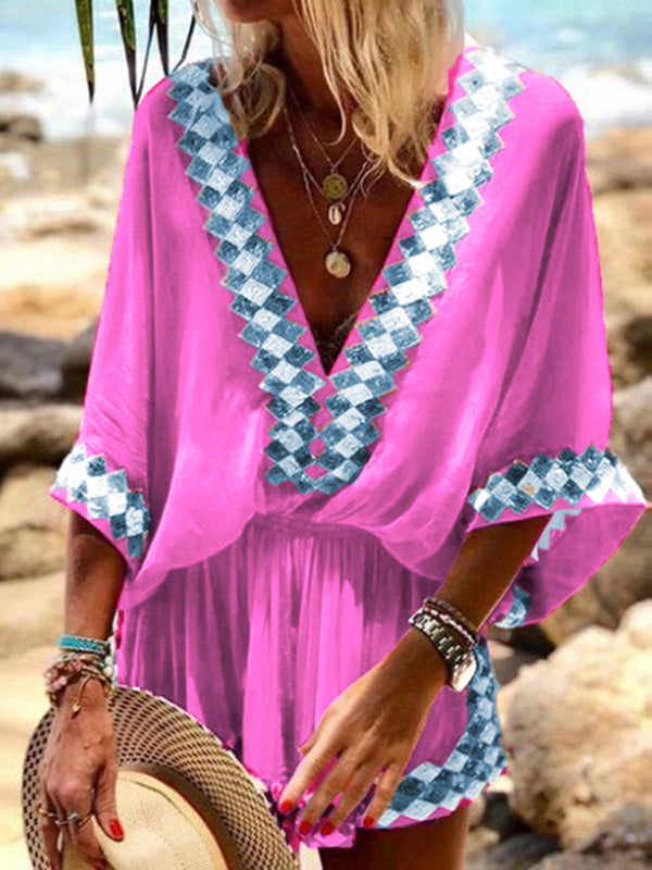European and American beach print foreign trade women's bohemian jumpsuit Rose