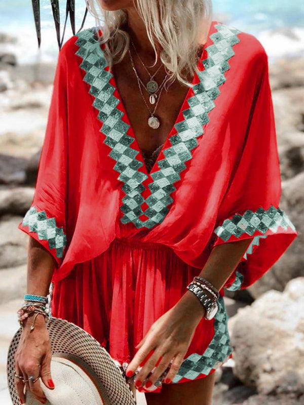 European and American beach print foreign trade women's bohemian jumpsuit Red
