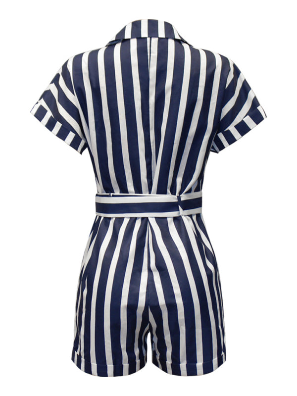 Women's Woven Stripe Short-Sleeve Lapel Casual Rompers