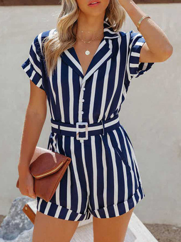 Women's Woven Stripe Short-Sleeve Lapel Casual Rompers Blue