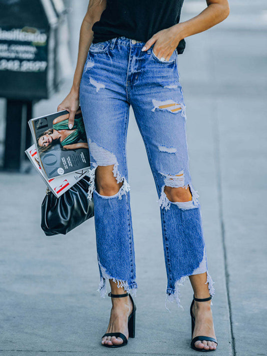 Women's Casual Fashion Tassel Stretch Ripped Cropped Jeans Blue