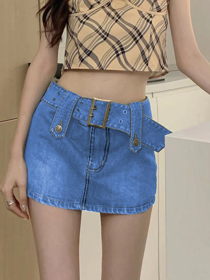 Y2K washed denim high waist slim skirt Blue