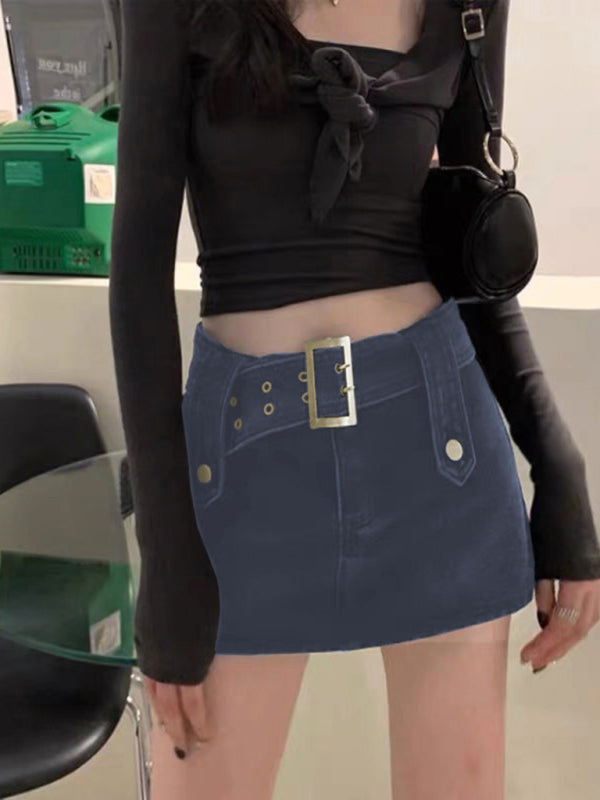 Y2K washed denim high waist slim skirt Black