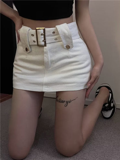 Y2K washed denim high waist slim skirt White