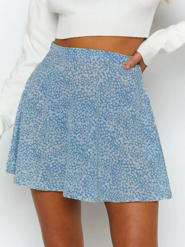 Floral skirt high waist umbrella skirt invisible zipper chiffon printed skirt for women Blue