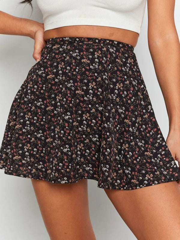 Floral skirt high waist umbrella skirt invisible zipper chiffon printed skirt for women Black
