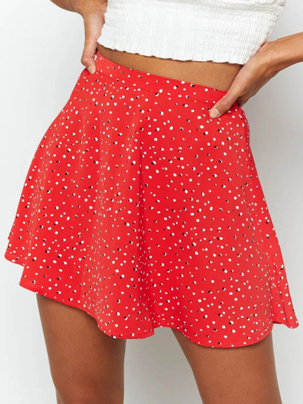 Floral skirt high waist umbrella skirt invisible zipper chiffon printed skirt for women Red