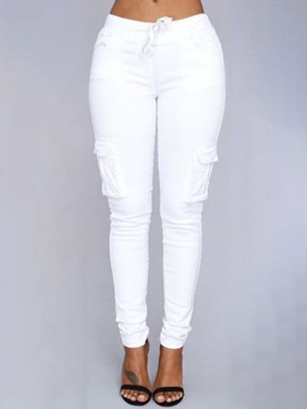 New Ladies Multi Pocket Casual Pants Multi Pocket Cargo Pants White