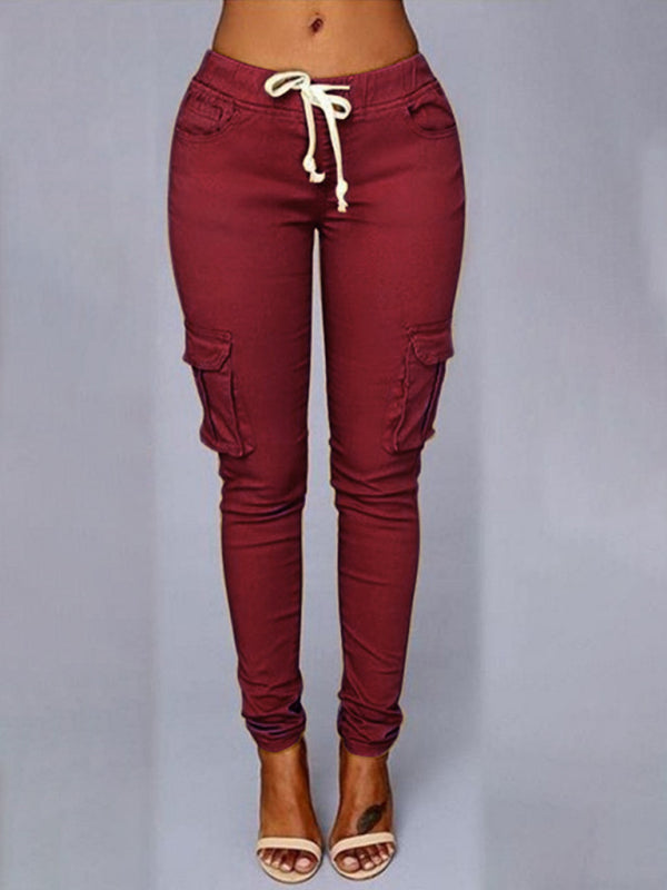 New Ladies Multi Pocket Casual Pants Multi Pocket Cargo Pants Wine Red