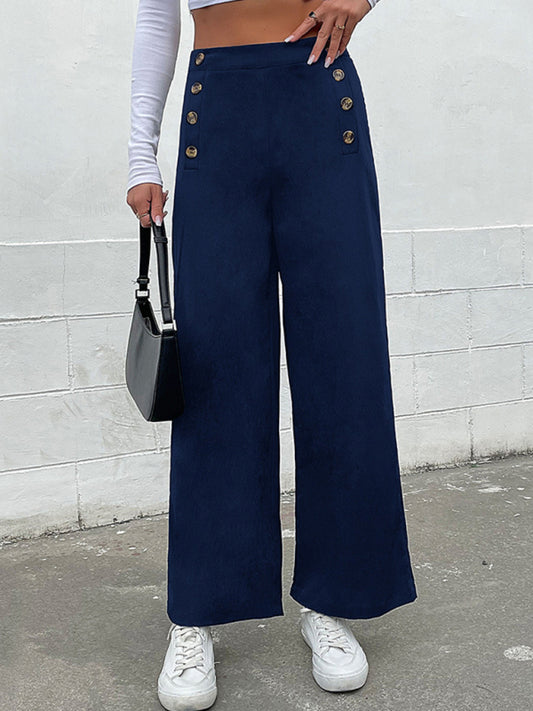 women's cross-border slim button casual pants Purplish blue navy
