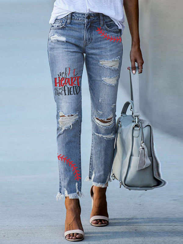 Baseball print ripped jeans for women washed frayed tassel slim fit pencil pants